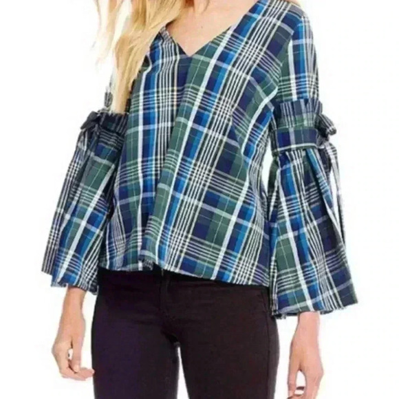 GIANNI BINI Serena Blouse Blue Checkered Bell Sleeves Sz XS NEW - Picture 2 of 8